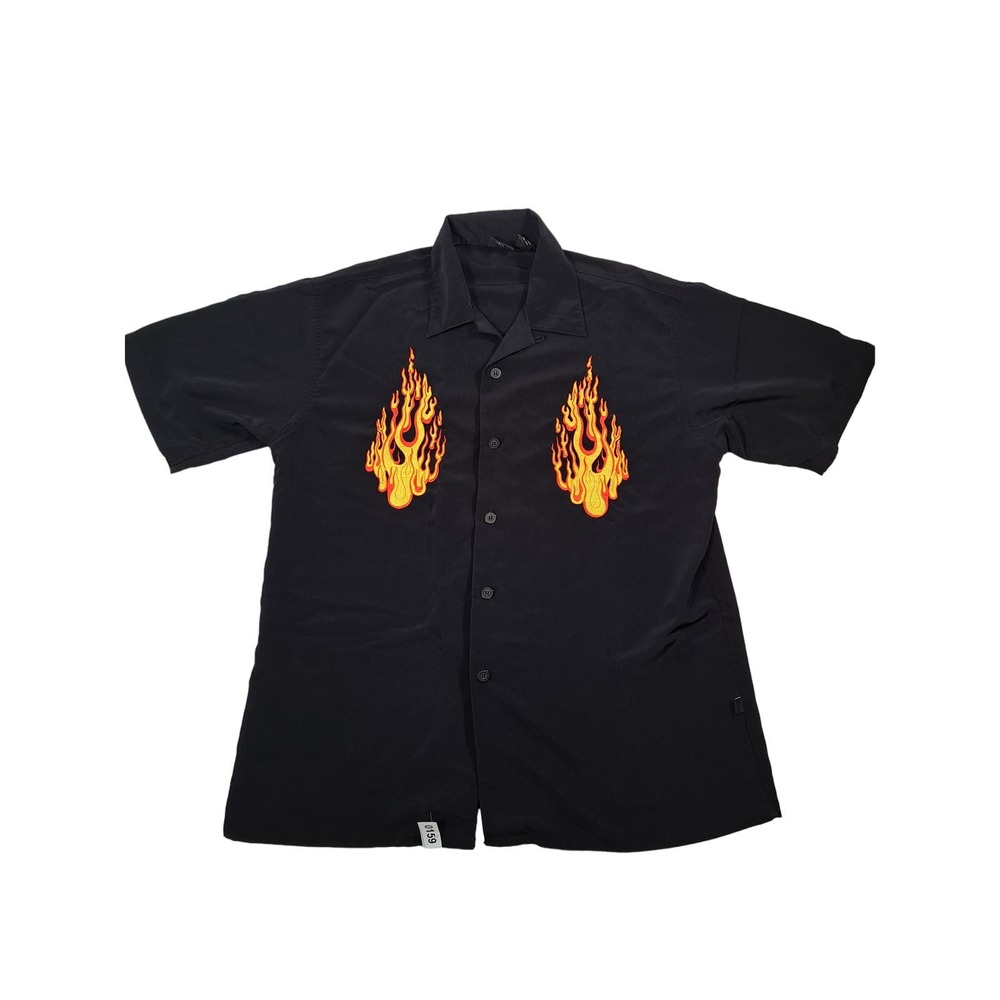 Silver Point Authentic Original Men's Polyester Button-Up Shirt Black with Fire